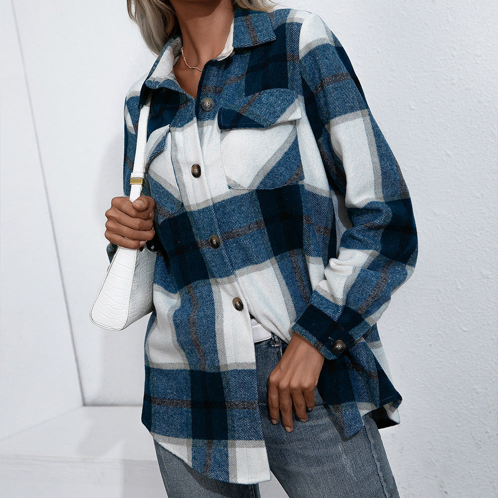 Cashmere Plaid Top Loose Casual Shirt Jacket Women