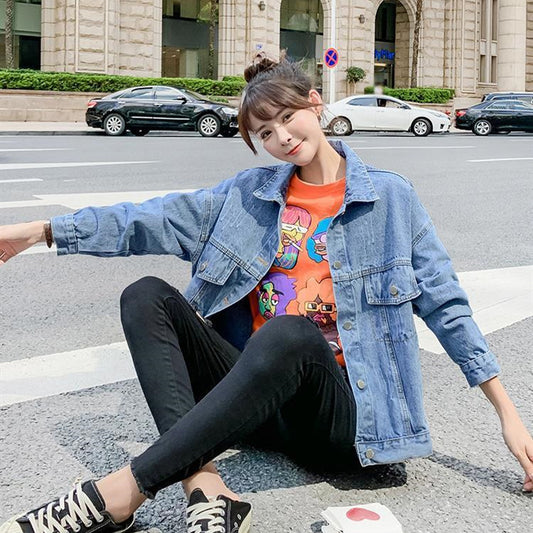 All-match Korean Style Loose Embroidered Denim Jacket Women