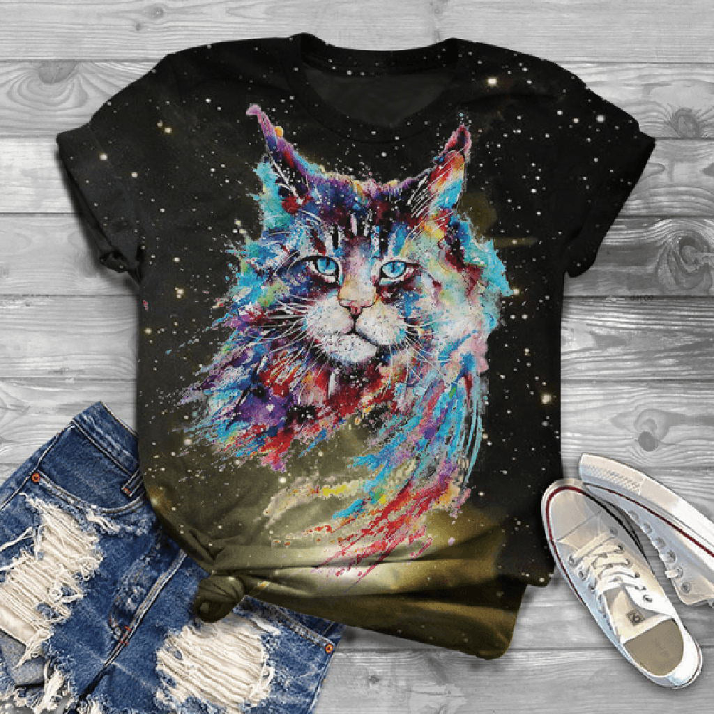 3D cat digital printing casual short-sleeved T-shirt women
