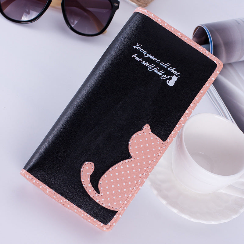 Korean version of the women's wallet long Korean version of the cute contrast color cat polka dot student zipper wallet wallet