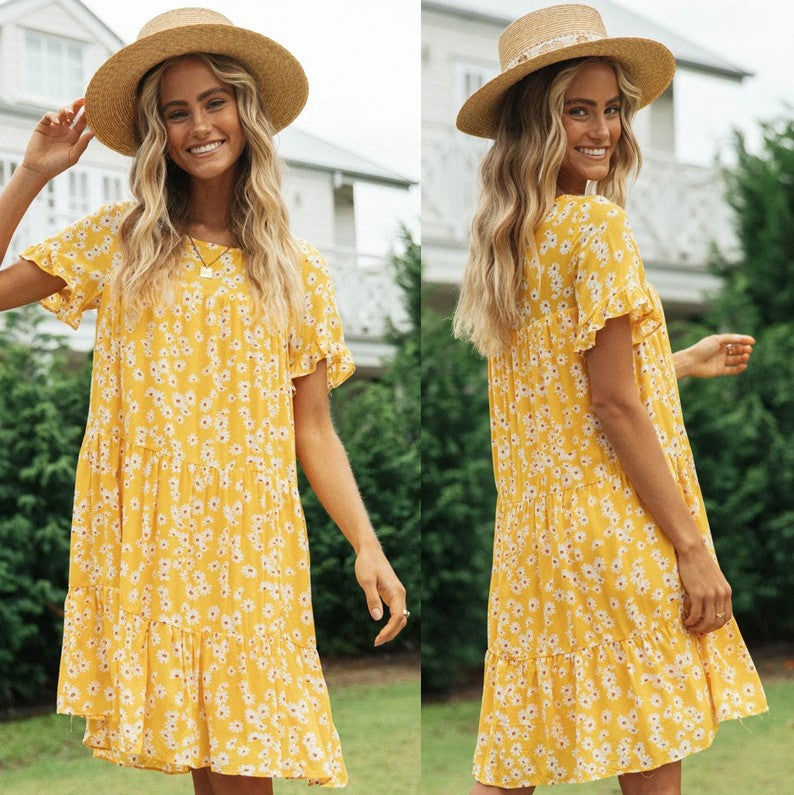 Short Sleeve Round Neck Print Dress Women