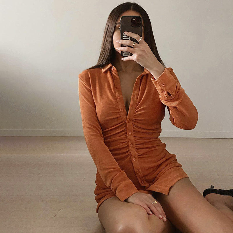 Pleated Slim Shirt Collar Temperament Dress Women