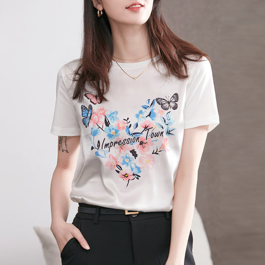 Silk T-shirt Women Short-sleeved Butterfly Love Printing Heavy Satin Stitching