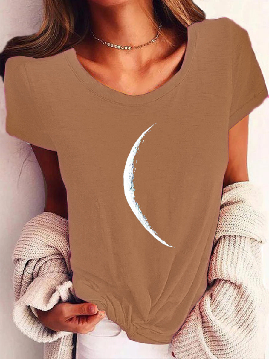 Wide Collar Short Sleeve Printed T-shirt Casual Top Women