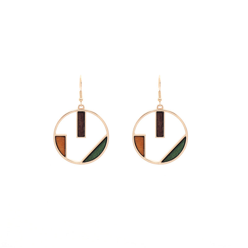 Geometric Circular Contrast Color Wooden Earrings Hollow