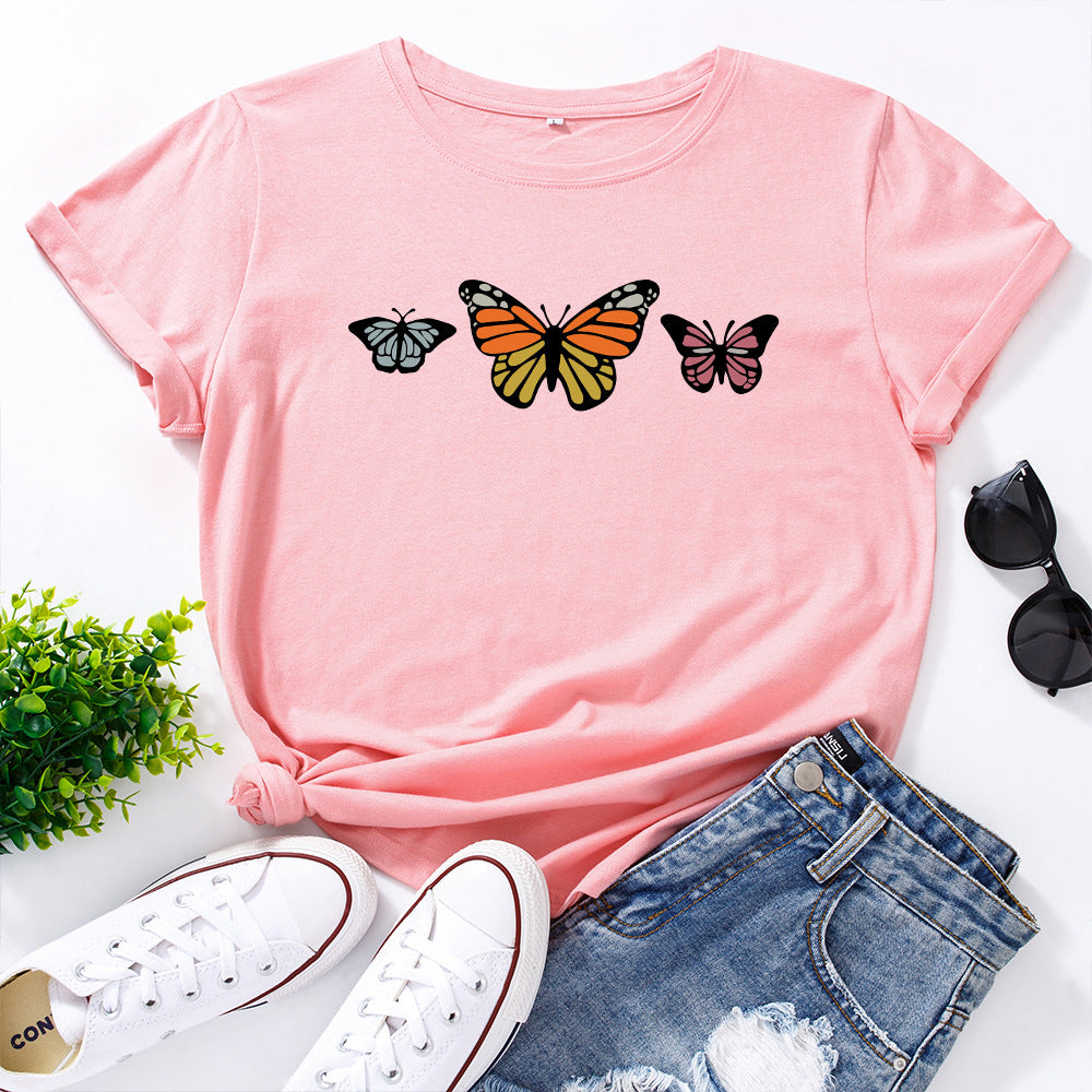 Pure cotton loose round neck butterfly short sleeve t-shirt women