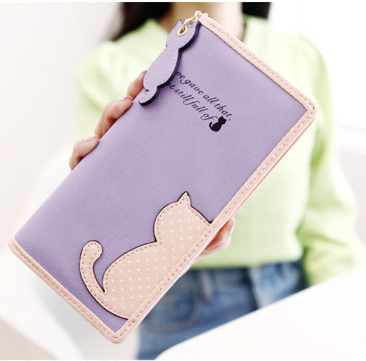 Korean version of the women's wallet long Korean version of the cute contrast color cat polka dot student zipper wallet wallet