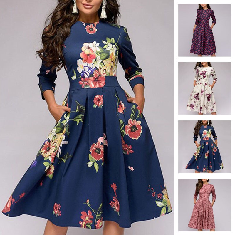 Women Elegent A-line Dress 2021 Vintage printing party vestidos Three Quarter Sleeve women Autumn Dress