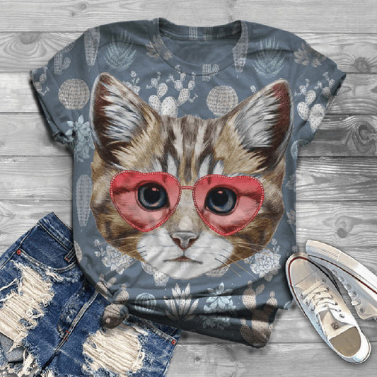 3D cat digital printing casual short-sleeved T-shirt women