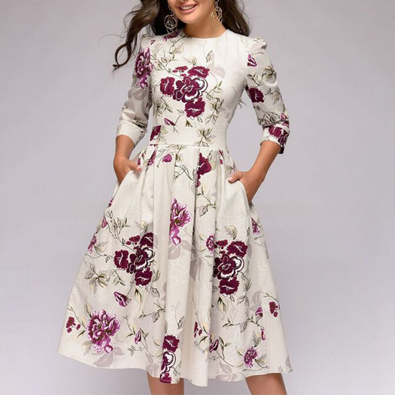 Women Elegent A-line Dress 2021 Vintage printing party vestidos Three Quarter Sleeve women Autumn Dress