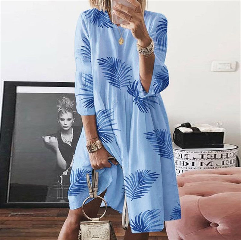 Retro print O-neck print dress women