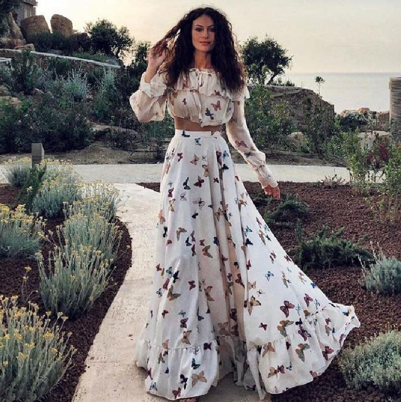 Womens Butterfly Print Two Piece Boho Dress