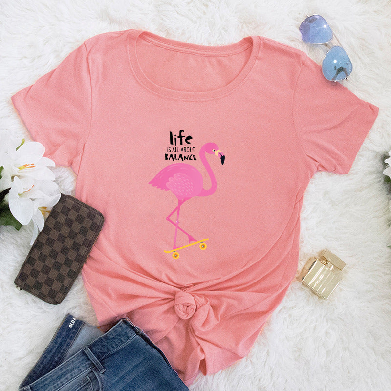 Women's Loose Flamingo Short Sleeve T-shirt Women