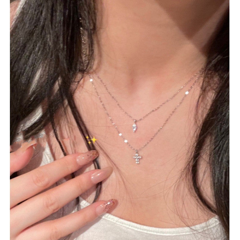 Womens Mini Cross Diamond Double Layer Necklace