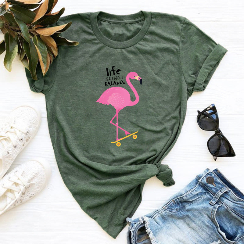 Women's Loose Flamingo Short Sleeve T-shirt Women