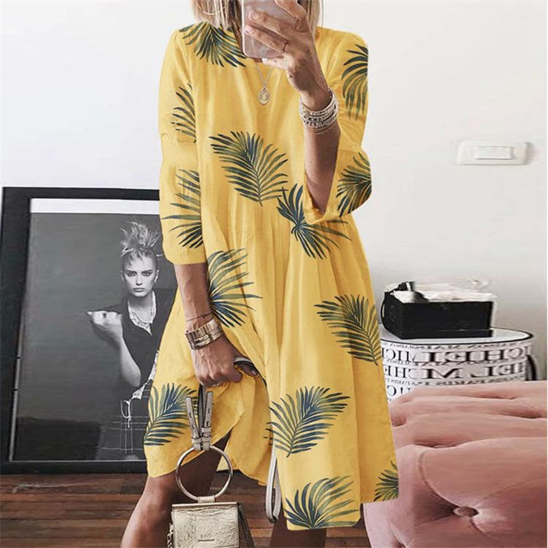 Retro print O-neck print dress women