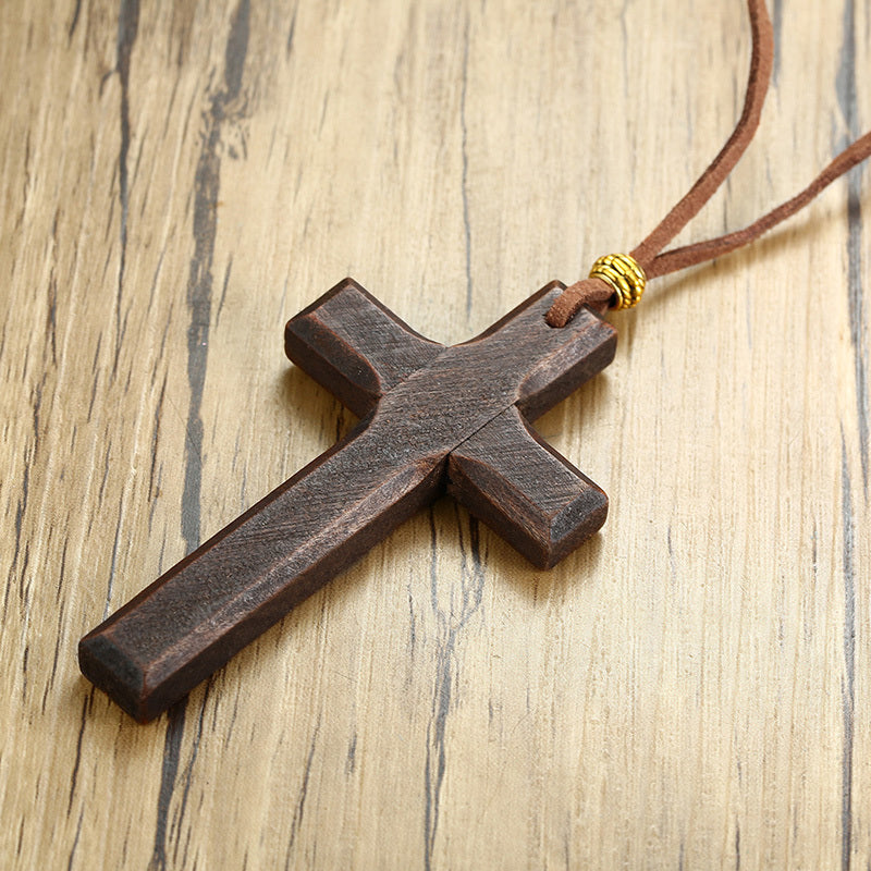 Vintage wooden cross pendant necklace