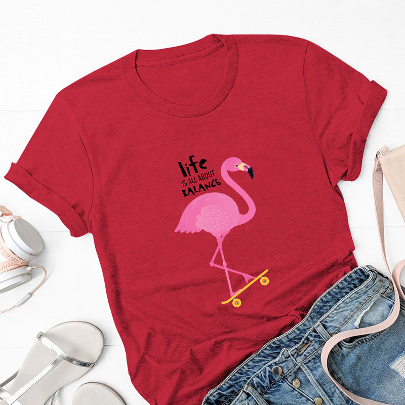 Women's Loose Flamingo Short Sleeve T-shirt Women