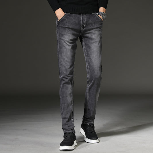 Jeans summer thin men's jeans trousers Korean version of the waist loose straight black gray jeans stretch