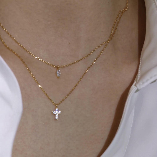 Womens Mini Cross Diamond Double Layer Necklace