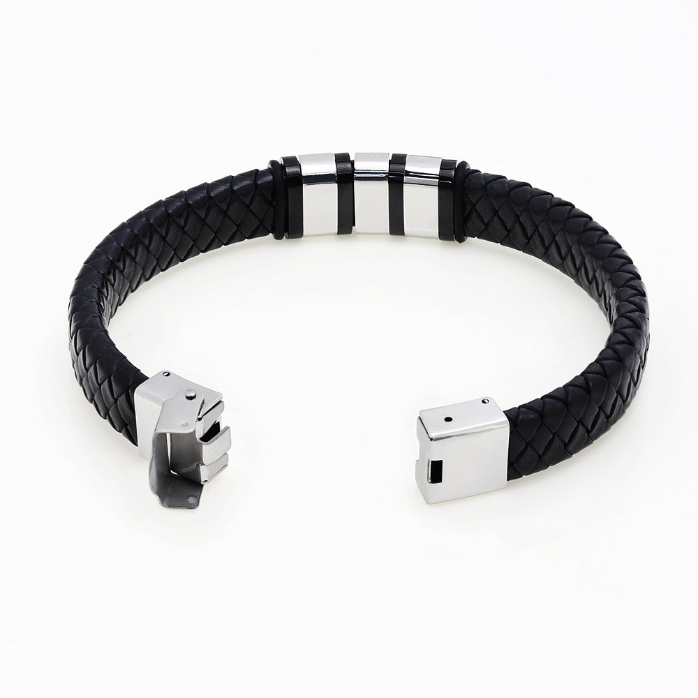 Personalized Men Name Leather Bracelet Black Woven