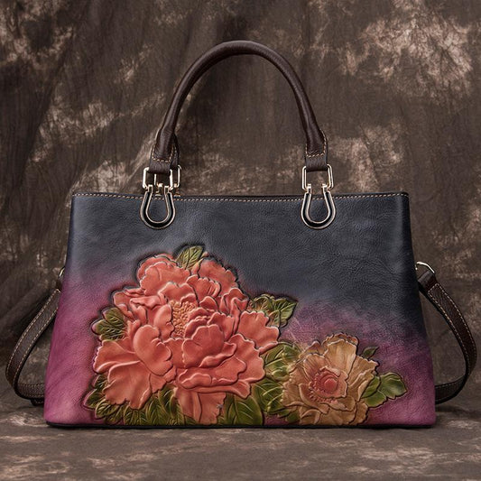 Peony Embossed Leather Bag For Ladies With Large Capacity