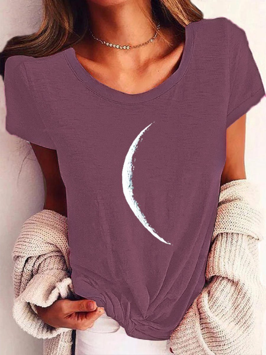 Wide Collar Short Sleeve Printed T-shirt Casual Top Women