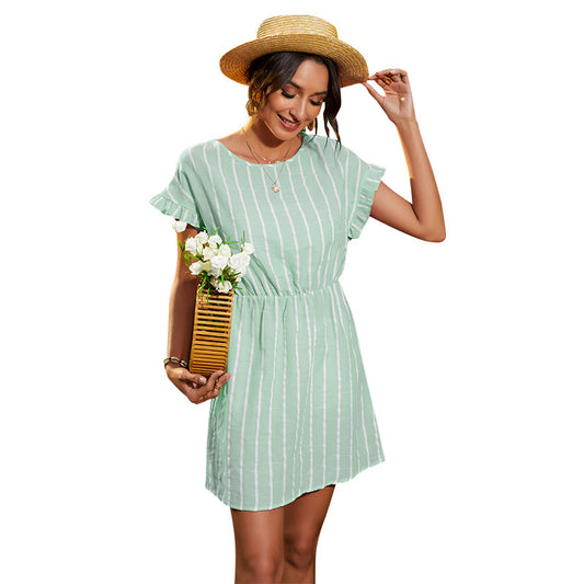 Ruffled Striped Round Neck Dress Women