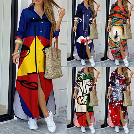 Womens Fashion Long Sleeve Printed  Long Dress