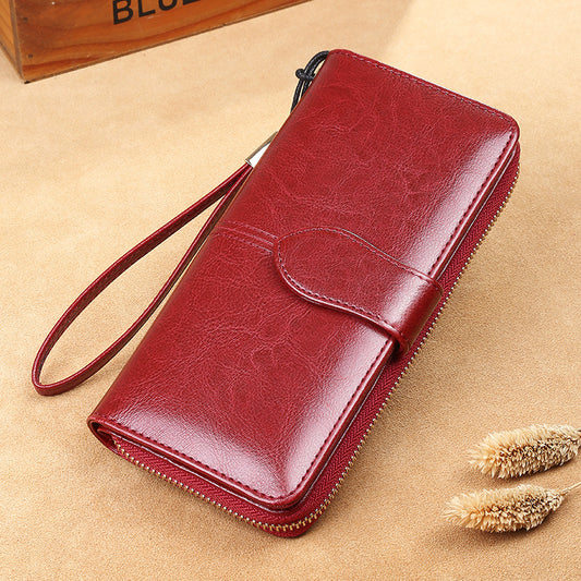 Waxed Cowhide Long Lady Wallet Leather Zipper Wallet Large Capacity