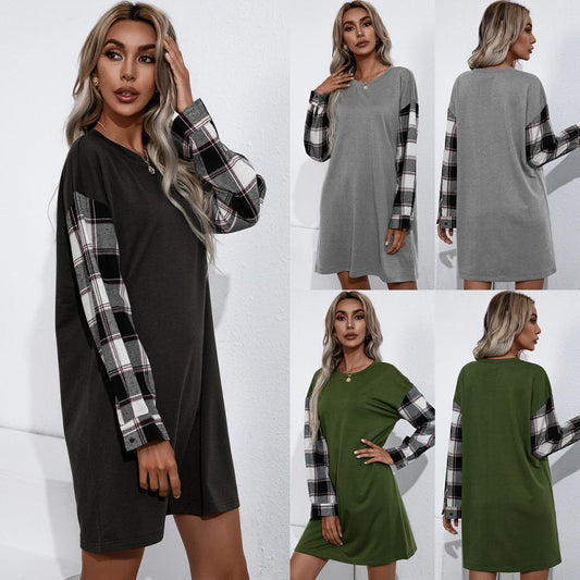 Plaid Stitching Round Neck Loose Dress Women