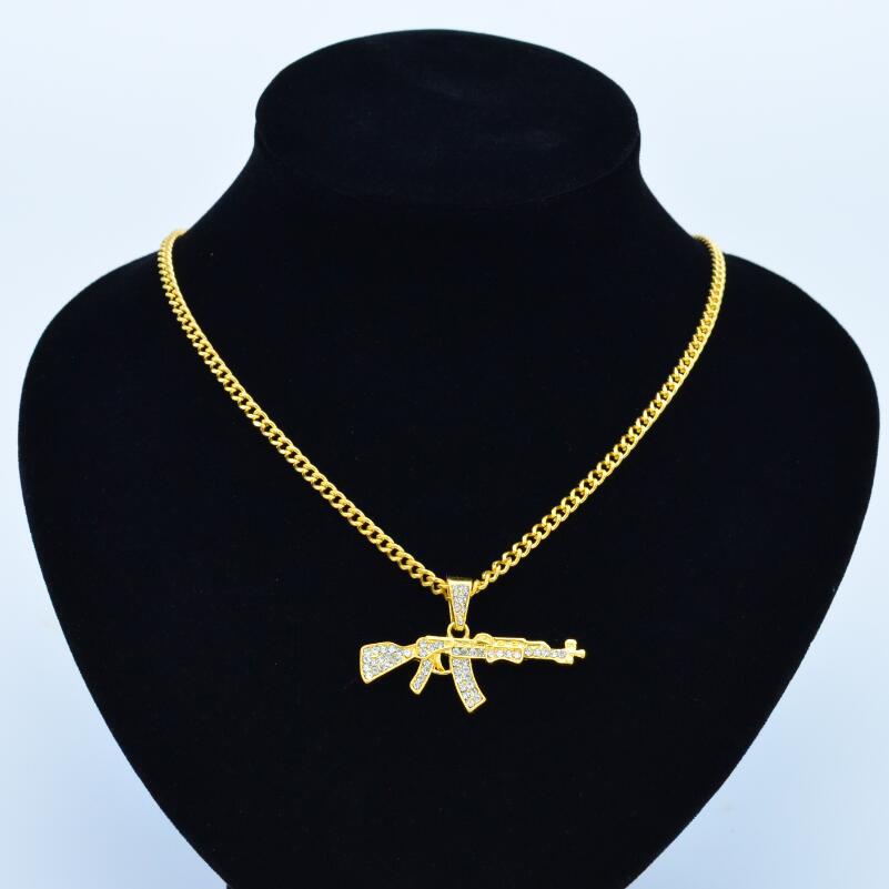 Cool Gothic Gun Shape Pendant Rhinestone Army Style Male Necklace Men Necklaces Jewelry
