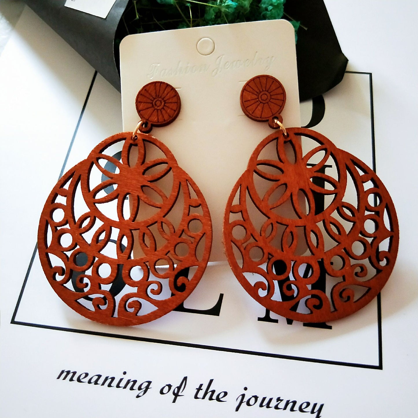 Wooden Colored Hollow Geometric Earrings Ethnic Style