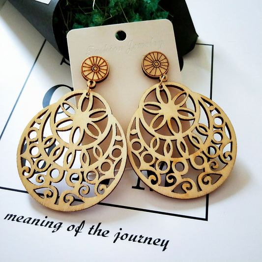 Wooden Colored Hollow Geometric Earrings Ethnic Style