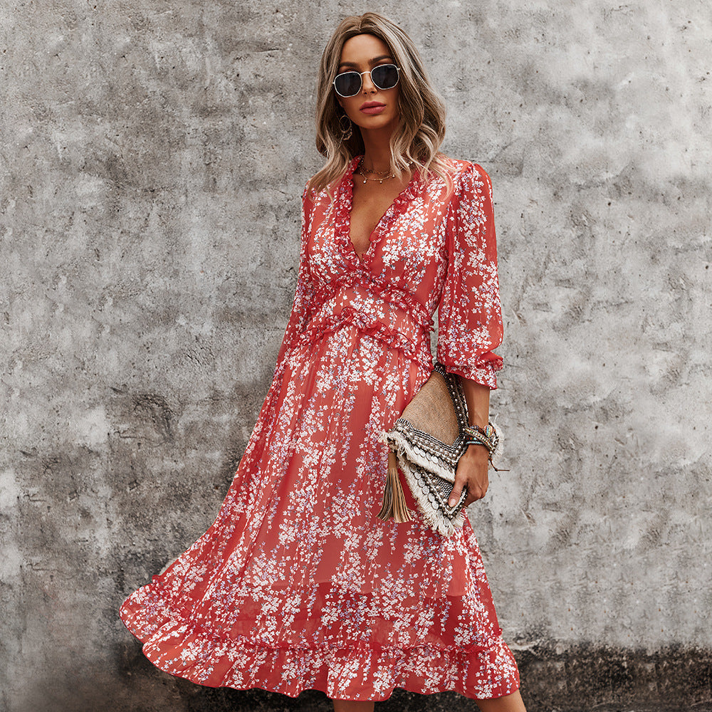 Fashion V-Neck Simple Printed Dress Women