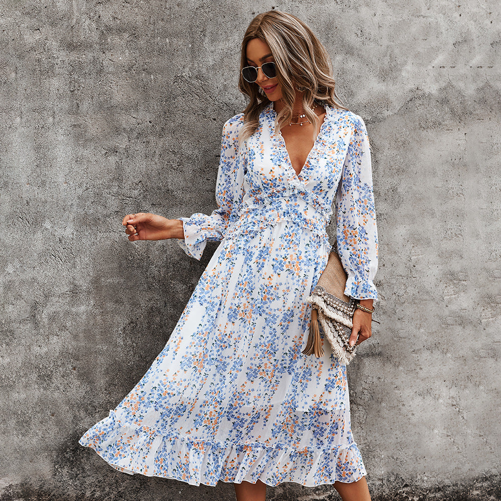 Fashion V-Neck Simple Printed Dress Women