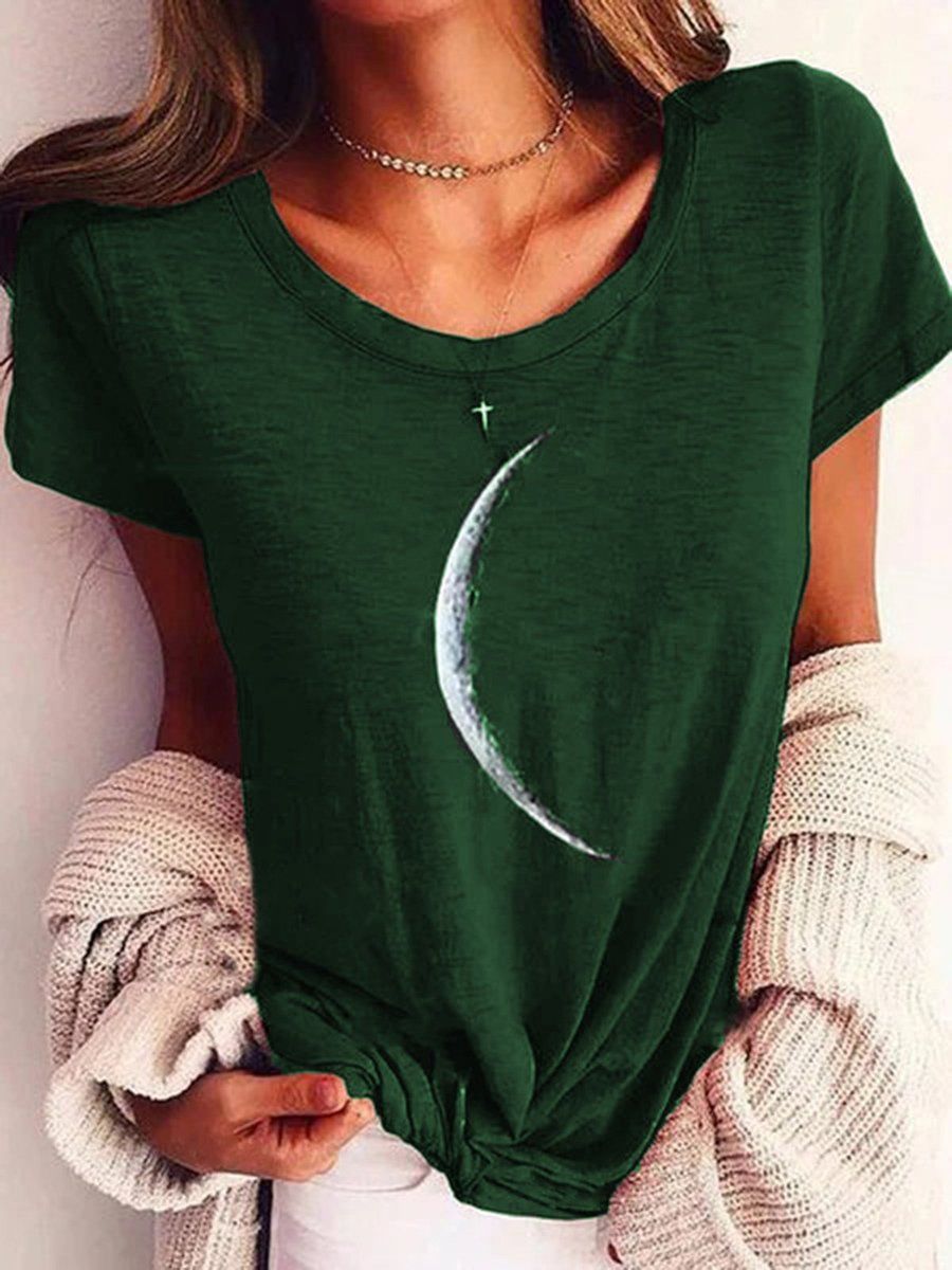 Wide Collar Short Sleeve Printed T-shirt Casual Top Women