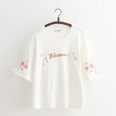 Lace-up Flower Embroidery Cotton Loose Short-sleeved T-shirt Women