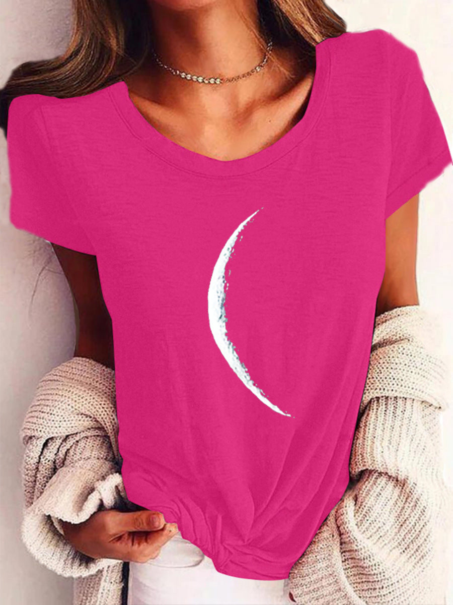 Wide Collar Short Sleeve Printed T-shirt Casual Top Women