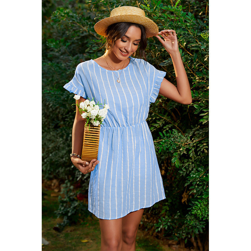 Ruffled Striped Round Neck Dress Women