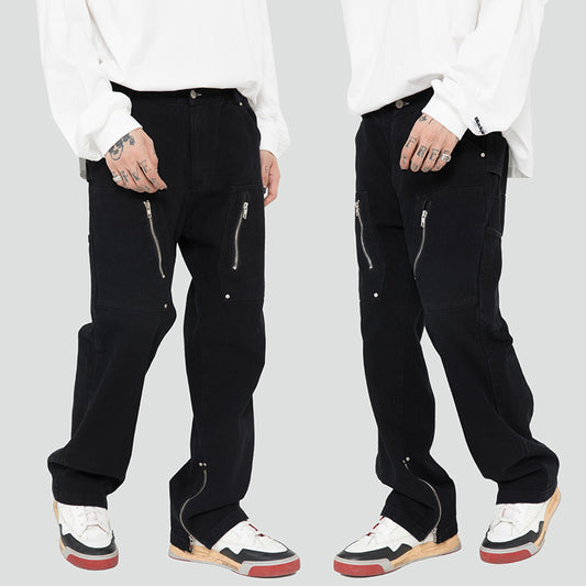 American High Street Zipper Design Split Jeans