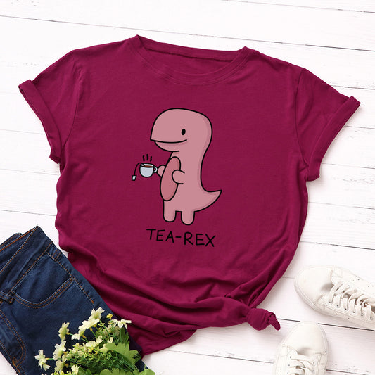 Women's Tea Drinking Dinosaur Loose Round Neck Short-sleeved Cotton T-shirt Women